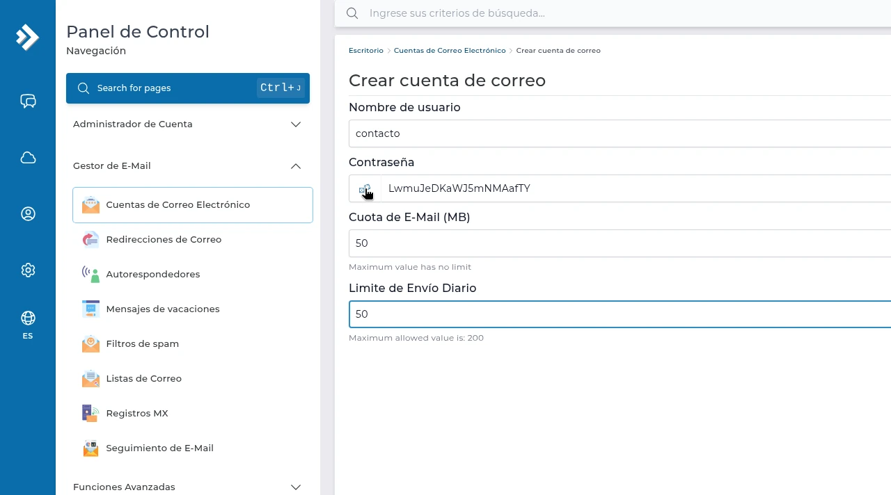 Formulario Crear cuenta de correo con Nombre de usuario contacto, Contraseña y su botón para generar una clave, Cuota de E-Mail (MB), Límite de Envío Diario y el botón CREAR CUENTA.