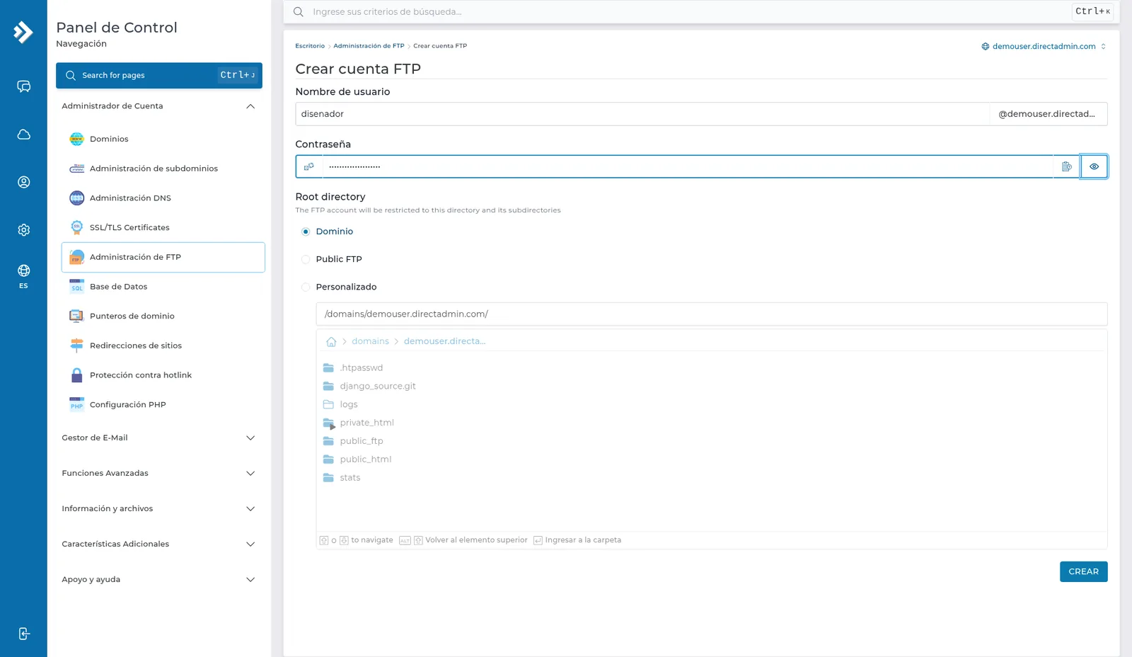 Formulario Crear cuenta FTP con el usuario disenador, Contraseña, Root directory y las opciones Dominio, Public FTP y Personalizado.