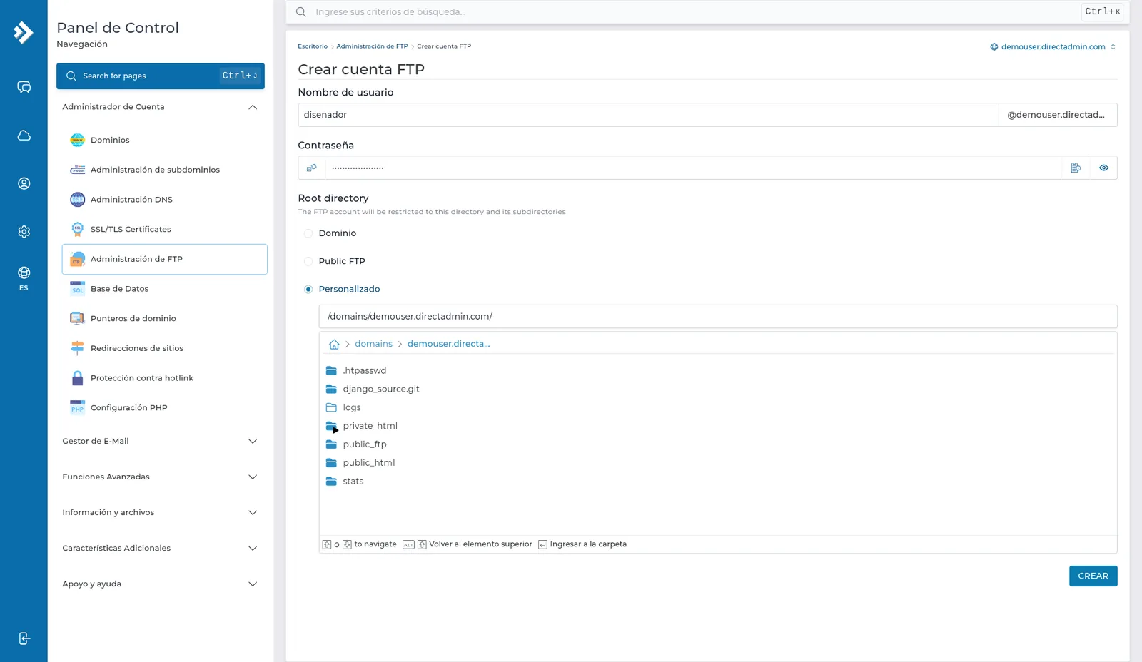 Crear cuenta FTP con Personalizado marcado y el árbol de carpetas del dominio, incluida public_html.