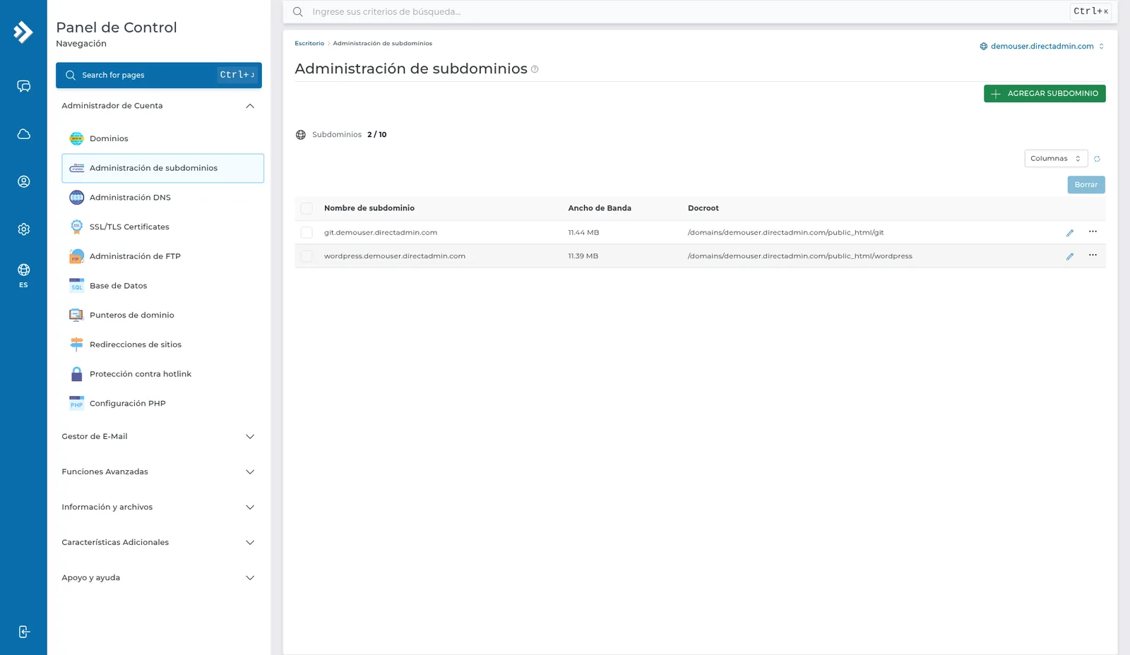 Administración de subdominios con Nombre de subdominio, Ancho de Banda, Docroot y el botón AGREGAR SUBDOMINIO.