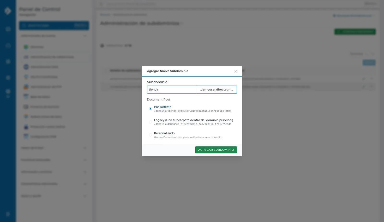 Diálogo Agregar Nuevo Subdominio con el nombre tienda y Document Root en Por Defecto, Legacy y Personalizado.