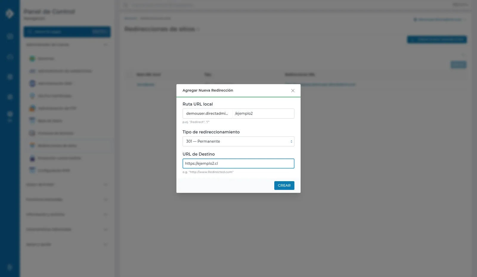 Diálogo Agregar Nueva Redirección con Ruta URL local, Tipo de redireccionamiento 301 Permanente y URL de Destino.