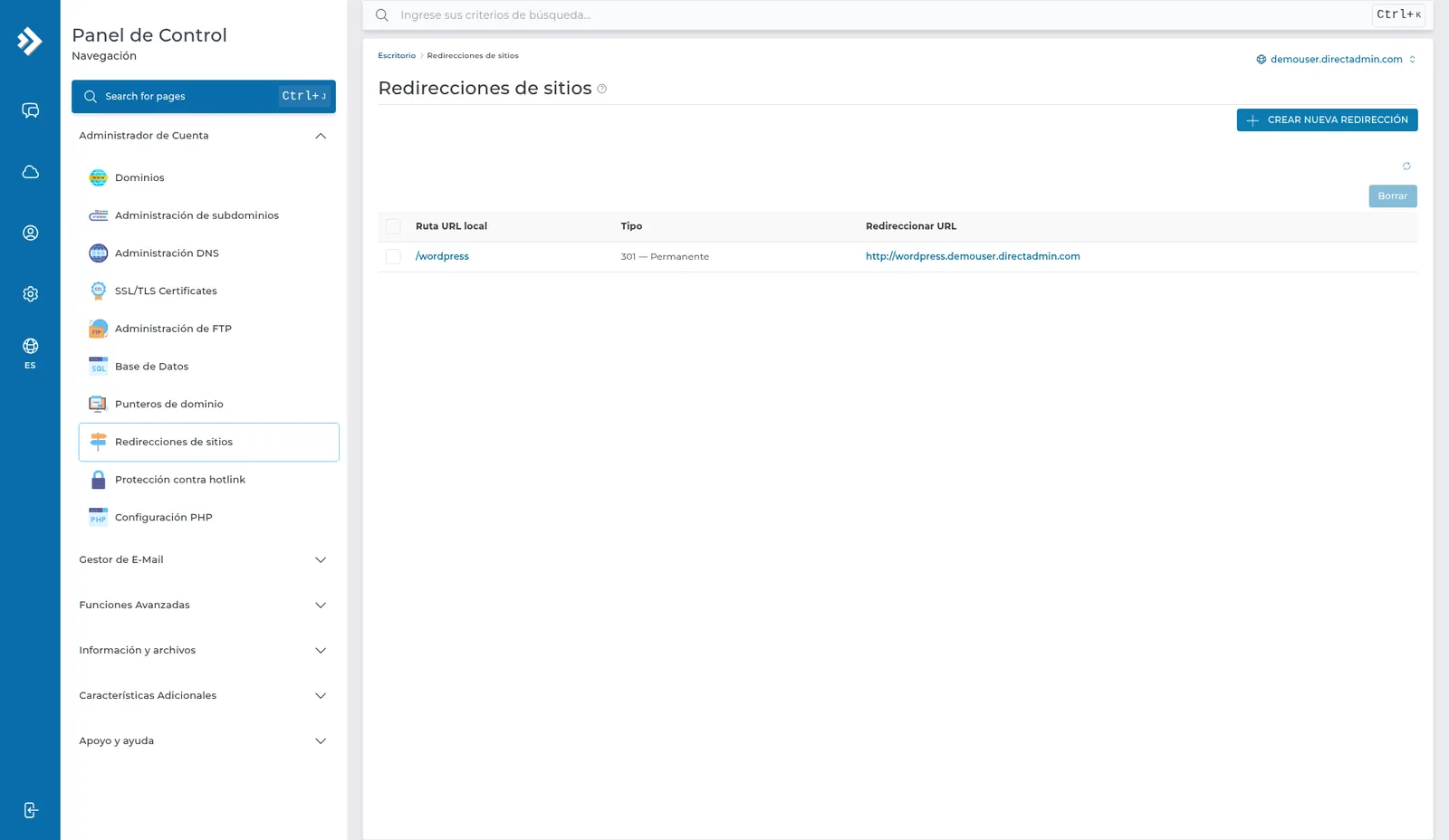 Lista Redirecciones de sitios con una ruta local, el tipo 301 Permanente y la URL de destino.