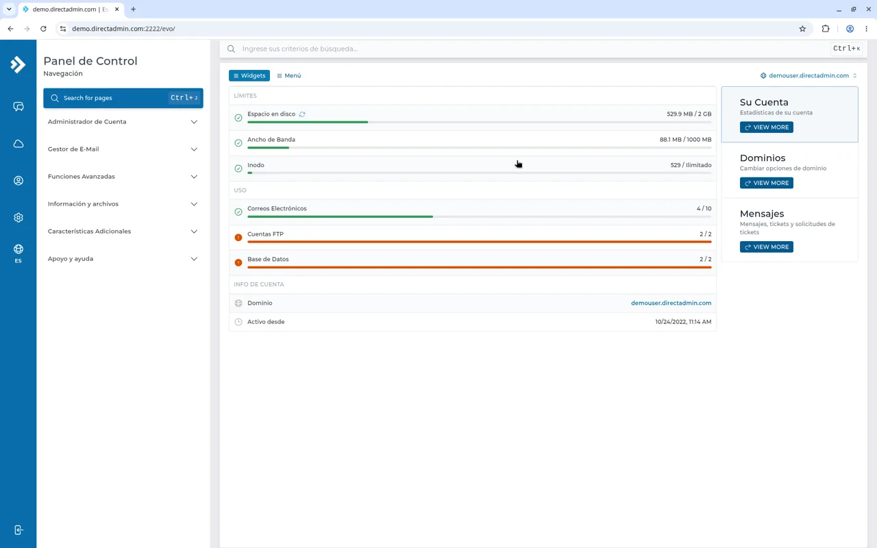 Panel de Control de DirectAdmin con el escritorio, el menú lateral y los recuadros de uso de la cuenta.