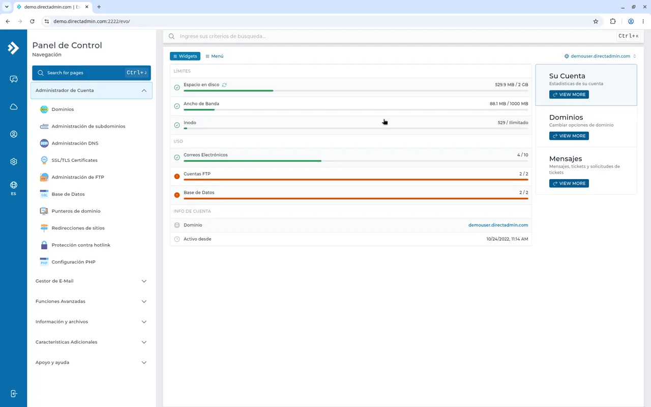 Menú lateral Administrador de Cuenta desplegado, con Dominios, Administración DNS, SSL/TLS Certificates, Administración de FTP, Base de Datos y Configuración PHP.