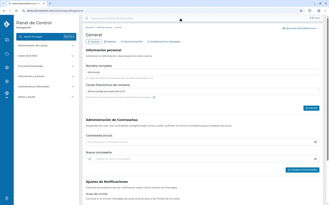 Ficha de la cuenta con el correo de contacto, Ajustes de Notificaciones y accesos a Opciones de Skin y Autenticación en dos pasos.