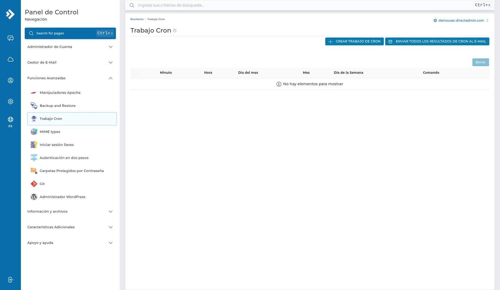 Trabajo Cron vacío, con CREAR TRABAJO DE CRON, ENVIAR TODOS LOS RESULTADOS DE CRON AL E-MAIL y las columnas Minuto, Hora, Día del mes, Mes, Día de la Semana y Comando.