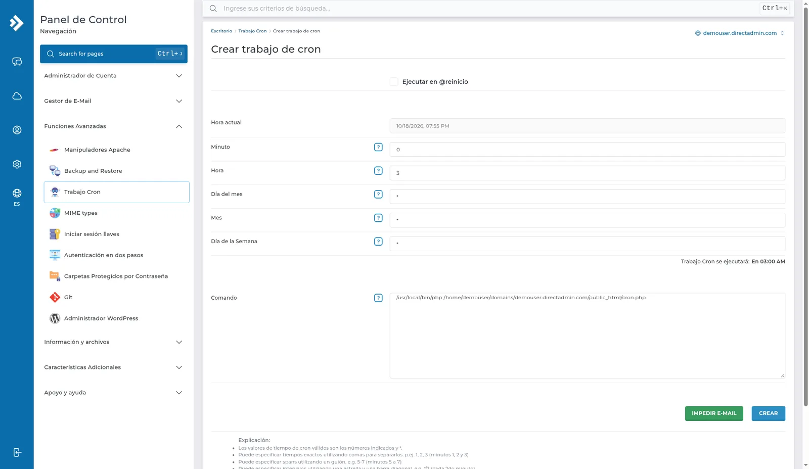 Crear trabajo de cron con Minuto 0, Hora 3, el resto en asterisco, el aviso En 03:00 AM, un comando PHP de ejemplo y los botones IMPEDIR E-MAIL y CREAR.