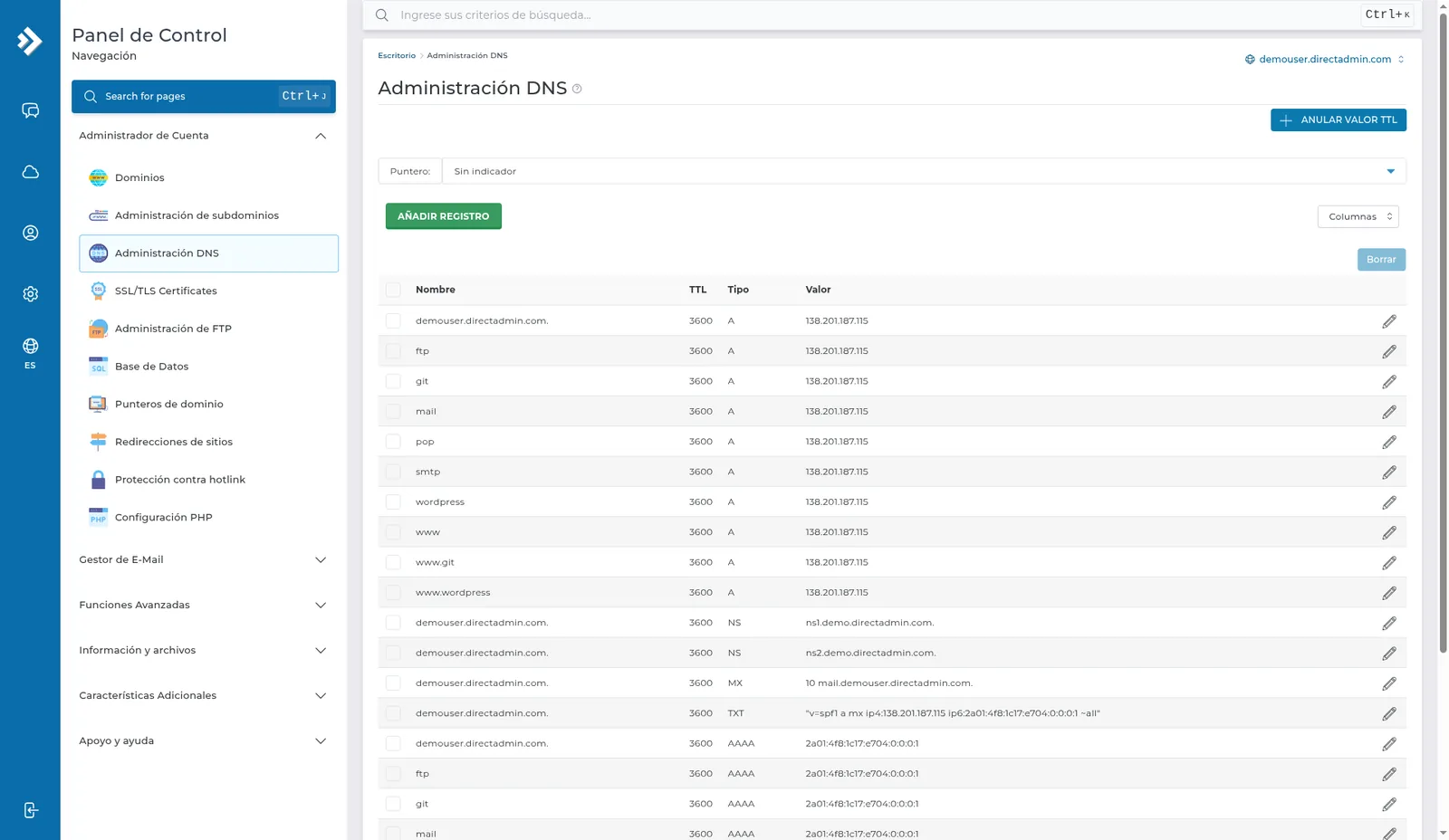 Administración DNS con Nombre, TTL, Tipo y Valor, y filas A, NS, MX y TXT.